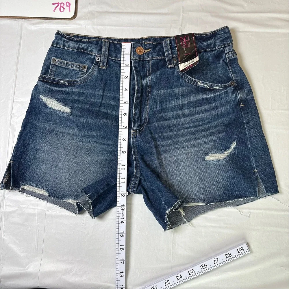No Boundaries Womens High Rise Destructed Midi Denim Shorts Dark Wash Size 7 NEW
